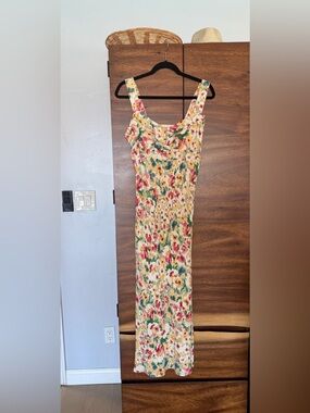 Reformation Yellow Floral Midi Dress with Red & Green Print
